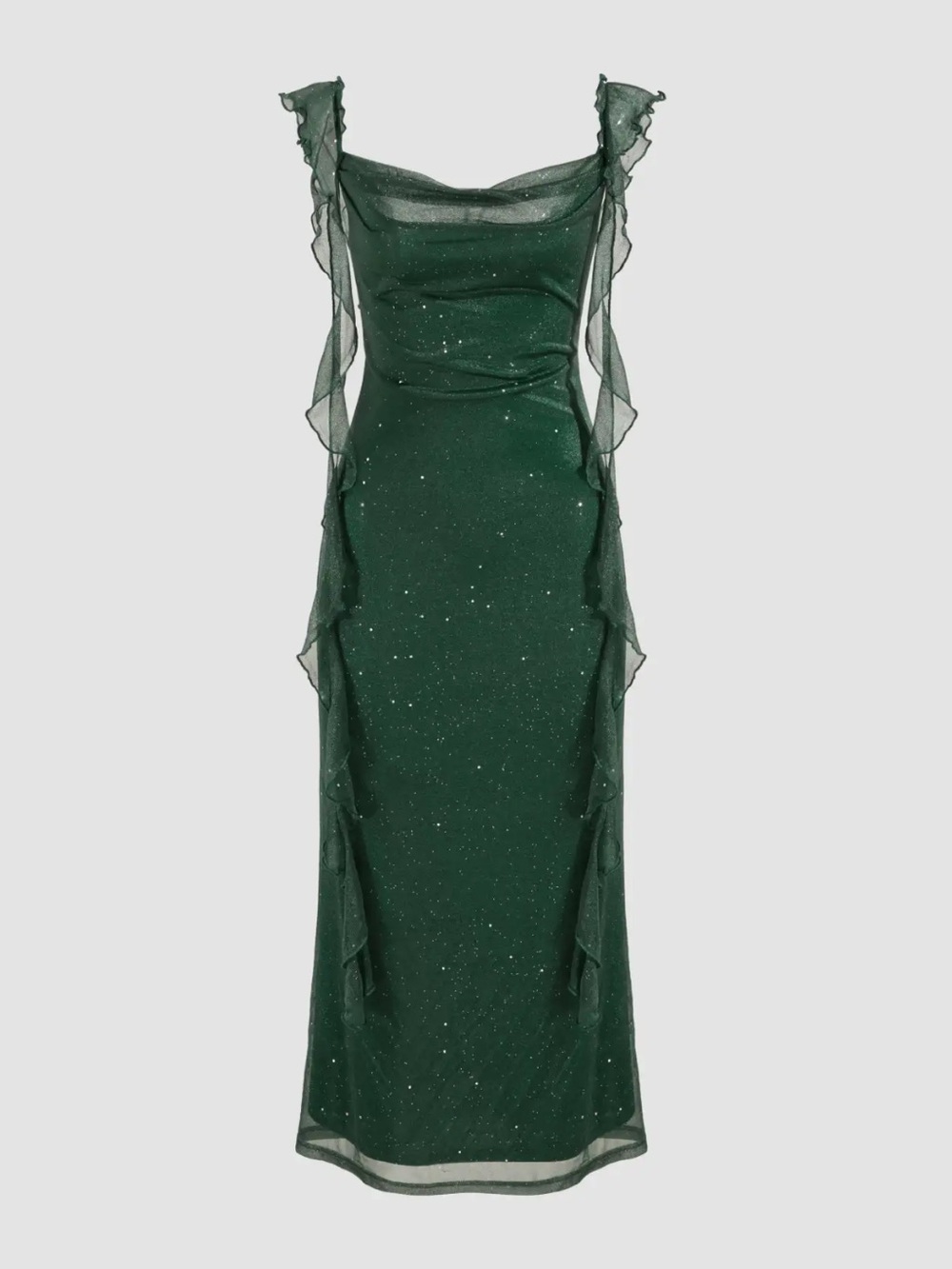 NWT Cider COWL NECK SOLID GLITTER RUFFLE HEM MAXI DRESS green medium